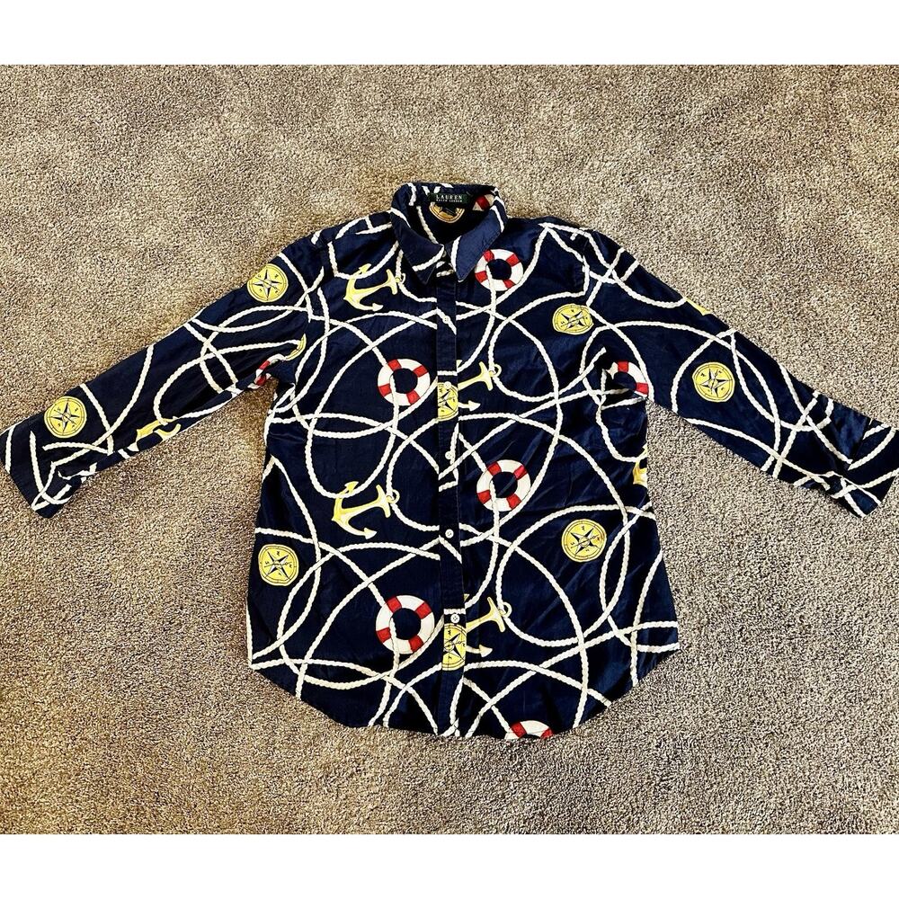 Lauren Ralph Lauren Women’s Shirt Size L Nautical Anchor Navy Blue Button EUC